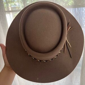 Brown Felt Hat with Feather Accent